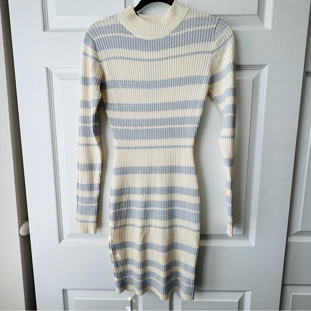 Say What Women’s Ivory and Silver Glitter Striped Knit Dress Size L NWT